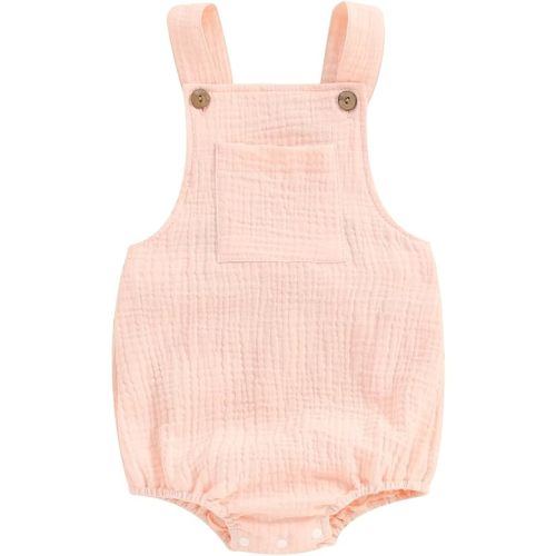 Sasaerucure Baby Cotton Linen Overalls Solid Color Sleeveless Square Neck Backless Romper for Boys Girls