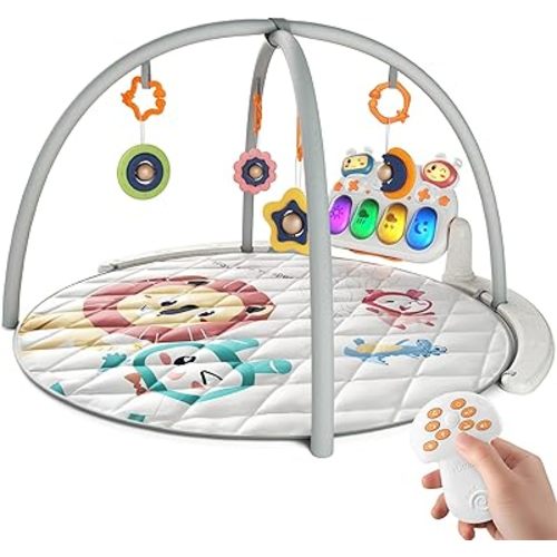 TUMAMA Remote Control Baby Gym Play Mat, Activity Gym with Music and Lights, Piano Gym for Newborn Baby Boys Girls Christmas Holiday Birthday Gifts, Round