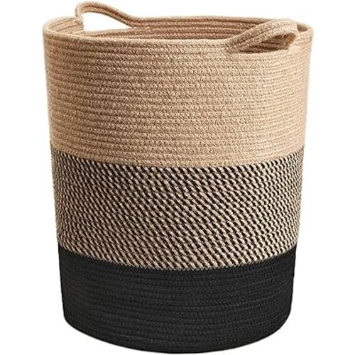 INDRESSME Laundry Basket Large Laundry Hamper, Woven Baskets for Storage, 17.8" x 15.8" x 13.8", Wicker Laundry Basket for Living Room, Dirty Clothes Basket, Baby Hamper for Nursery, Black & Jute