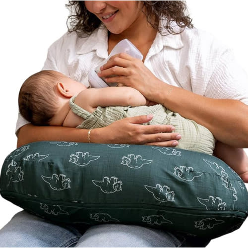 Boppy Nursing Pillow - Ergonomic Bottle & Breastfeeding Pillow with High, Firm, Large Area, Water-Repellent Cushion with Washable Cover; Baby Safety Alliance Verified - Forest Green Dinos