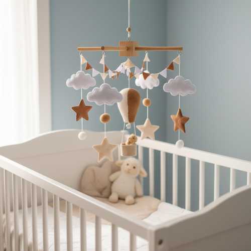 Hot-Air Balloon Baby Mobile with Teddy — Clouds, Stars & Bunting