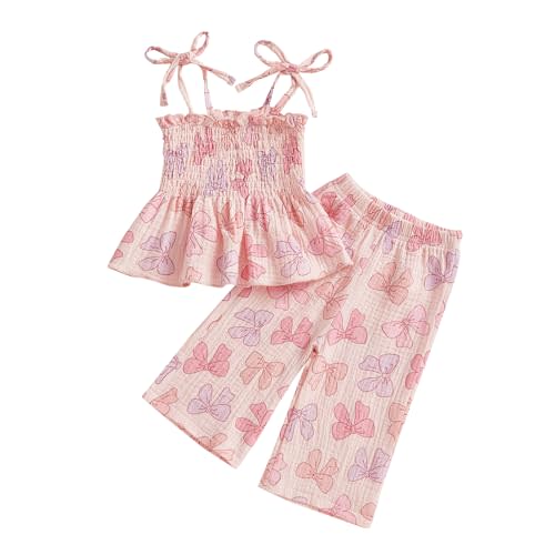 VISGOGO Toddler Baby Girl Outfits Sleeveless Smocked Strap Camisole Linen Pants Bow Baby Summer Clothes