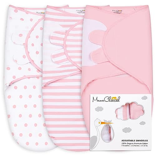 Mama Cheetah Baby Swaddle Blanket, Swaddle Wrap for Infant (0-3 Month), Adjustable Newborn Swaddle Set, 3 Pack Soft Organic Cotton, Pink