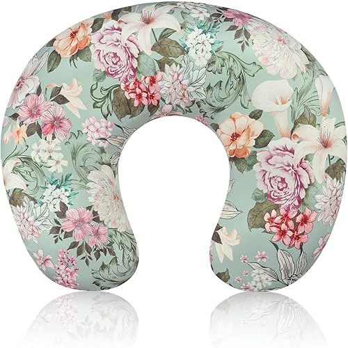 Nursing Pillow Cover for Baby Girls Boys, Green Breastfeeding Pillow Cover, Stretchy Removable Feeding Pillow Case for Newborns, Ultra Soft and Comfortable Nursing Pillow Slipcover, Floral