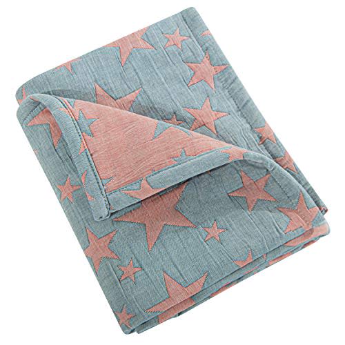 NTBAY 3 Layer Toddler Blanket, Muslin Cotton Jacquard Bed Blankets, Lightweight Thermal Baby Blanket, Super Soft and Warm Crib Blanket for All Seasons, Decoration Gift, 30"x40", Red and Blue Star