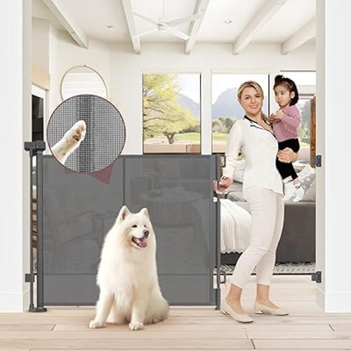 Reinforced 41 Inch Extra Tall Retractable Baby Gate 55" Wide Mesh Baby Gate Retractable Pet Gate with Support Rods – Prevents Crawling Under, Indoor Retractable Gate Outdoor Extra Tall Pet Gate, Gray