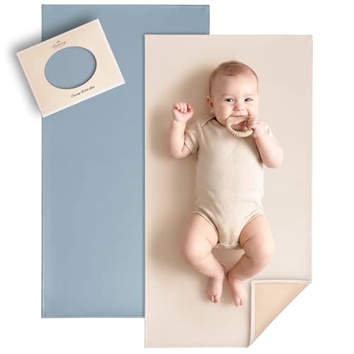 Konssy Faux Leather Baby Changing Mat, Waterproof Diaper Changing Pad | Wipeable & Portable Diaper Changing Pad for Travel or Home. Fits Diaper Bags, 30 x 17 in, Blue and Beige