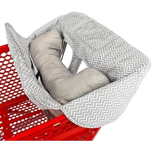 Soft Pillow Attached 2-in-1 Shopping Cart and High Chair Cover for Baby, Cotton Padded Cart Cover, Fold'n Roll Style, Portable with Carry Bag (Gray Chevron)
