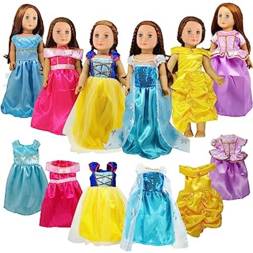 18 inch Doll Clothes Accessories -6Pcs Different Princess Costume Include Bella,Cinderella,Snow White,Rapunzel,Princess Elsa and Aurora Fits All 18 inch Girl Dolls
