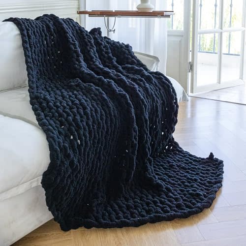 Larexius Chunky Knit Blanket - Luxury Soft Cozy Queen Size(50 * 60) Chenille Throw Blanket,100% Woven Blanket Rope Knot Throw Blanket for Couch, Sofa, Home Decor, Gift - Machine Washable（Black）