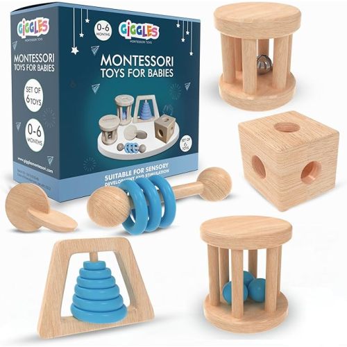 (6 Pack) Babies 0-6 Months, Wooden Baby Toy Rattle, Teether, Teethers, Teething for Babies, Natural Wood, Baby Toys, Infant Circle Rattle, Rattles, Baby Wooden Toys 6-12 (Blue)