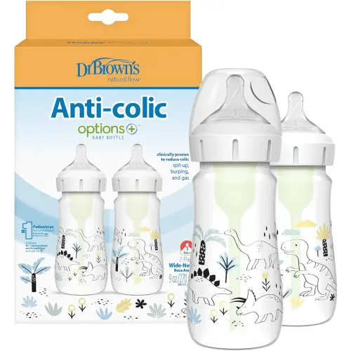 Dr. Brown's Natural Flow® Anti-Colic Options+™ Wide-Neck Baby Bottle Designer Edition Bottles, Dino Decos, 9oz/270mL, Level 1 Nipple, 2-Pack, 0m+