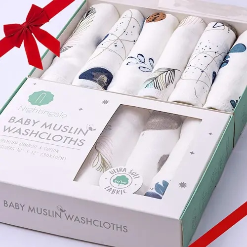 Muslin Bamboo Baby Washcloths - Soft Organic Baby Wash Cloths Perfect for Newborn Sensitive Skin - Absorbent Baby Wipes, Burp Cloths or Face Towels - Set of 6-12x12 in(Feathers)