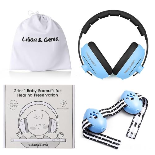 Lilian&Gema 2-in-1 Baby Ear Muffs Noise Protection, Adjustable Headphones with Stretchy Band, Noise Cancelling for Toddler up to 4 Years, Airplane Essentials/Outdoor, Black