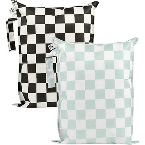 Tiny Twinkle Mess-Proof Waterproof Wet Dry Bag | 2-Pack Reusable Wet Bags for Swimsuits & Baby Clothes | Leakproof Wet Bag for Travel & Diaper Changes for Baby (Black, Green Checkers)