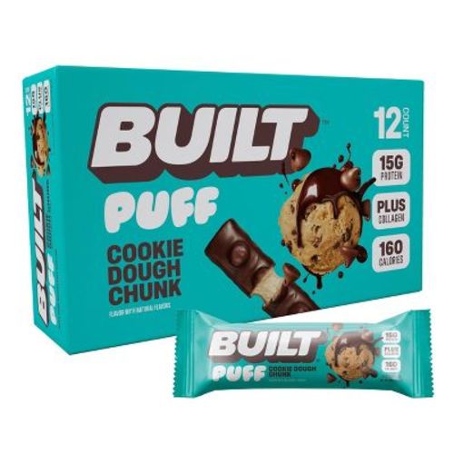 Built Bar Puff Collagen Protein Bars - Cookie Dough Chunk, Low In Sugar & Carb Snack - 480gm/12ct Box