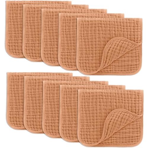Comfy Cubs Muslin Burp Cloths 20" x 10", Pack of 10 - Large, 6-Layer, Ultra Absorbent 100% Cotton for Baby Drool and Messes - Soft, Safe & Gentle Baby Burp Cloths for Boys & Girls - Caramel