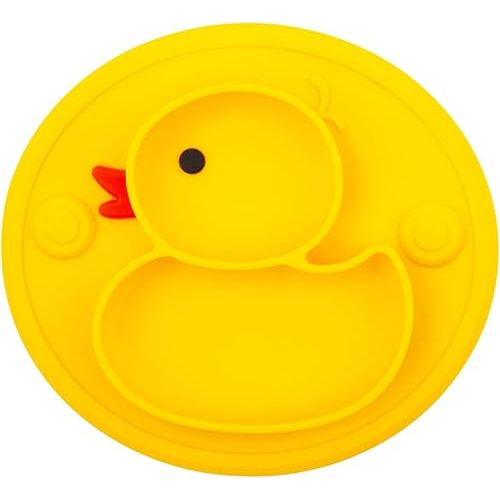 Linowos Silicone Divided Toddler Plates, Portable Non Slip Suction Plates for Children Babies and Kids BPA Free Baby Dinner Plate (Duck-Yellow) 1