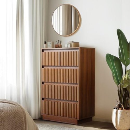 Wood Dresser, 5 Drawer Dresser for Bedroom, Modern Chest of Drawers with Deep Drawers Waterproof Living Room, Hallway, Entryway