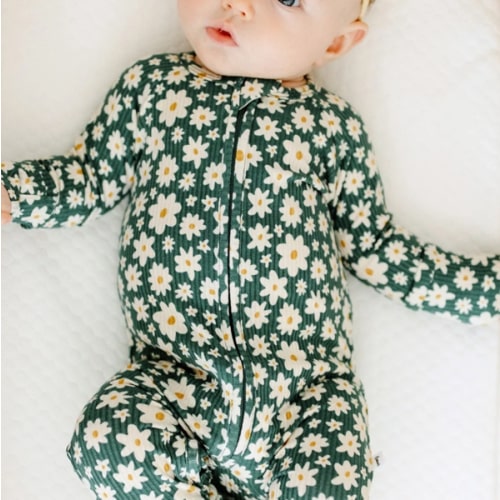 Green Floral Small Ribbed Zip Romper