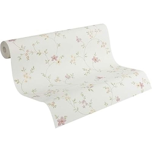 A.S. Création Non-Woven Wallpaper Fleuri Pastel Wallpaper with Flowers Cottage Style 10.05 m x 53 cm Multicolored Green White Made in Germany 937701 93770-1