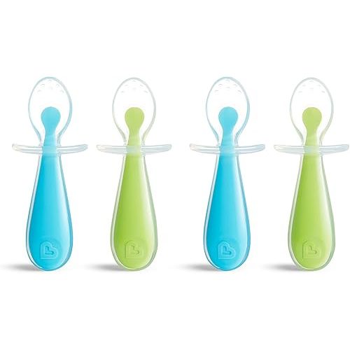 Munchkin® Silicone Scoop™ Trainer Spoons with Choke Guard for Baby Led Weaning, 4 Count, Blue/Green