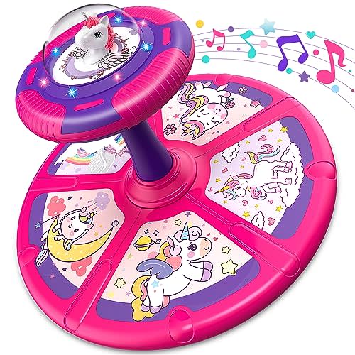 Flooyes Unicorn Sit and Spin Toys for Toddlers Girls 1 2 3 Years Old, Birthday Gifts for 2-4, with LED and Music, 360° Spin
