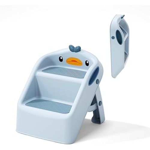 Toddler Step Stool, Blue, Foldable 2 Step Stool for Kids Bathroom Sink Potty Toilet, 15" Height(Include 11" Two Steps & 4" Back Support), Cute & Lightweight Gift to Give Todders 1-3 More Independence