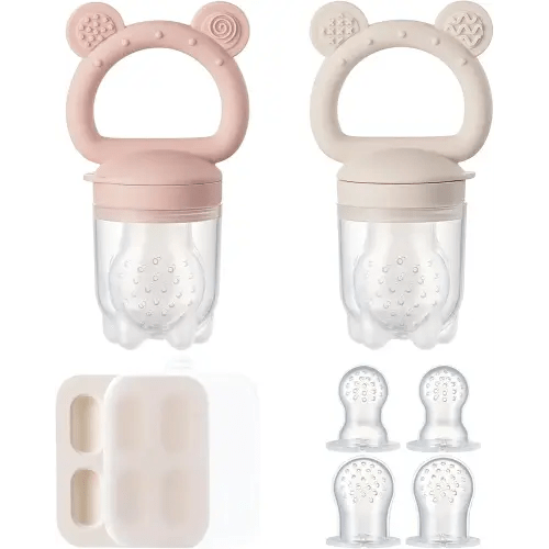 2 Pack Silicone Baby Fruit Feeder with Mini Freezer Tray, Breastmilk Popsicle Molds for Baby Teething Relief, Baby Teethers, Fresh Food Feeder for Safe Infant Self Feeding, Extra Food Pouches - Pink