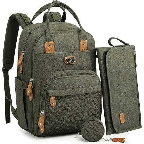Dikaslon Diaper Bag Backpack with Portable Changing Pad, Pacifier Case and Stroller Straps, Large Unisex Baby Bags for Boys Girls, Multipurpose Travel Back Pack for Moms Dads, Army Green