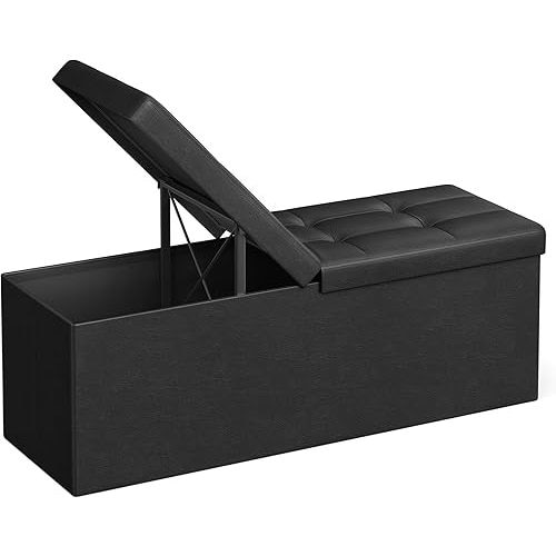 SONGMICS 43 Inches Folding Storage Ottoman Bench with Flipping Lid, Storage Chest Footrest Padded Seat with Iron Frame Support, Black ULSF75BK