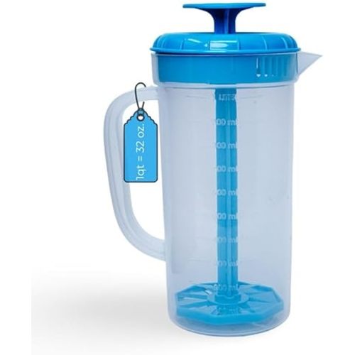 JBK 1qt. Plastic Pitcher with Lid, Baby Formula Mixing Pitcher with Plunger, Breastmilk Pitcher, BPA-Free Formula Mixer, Blue