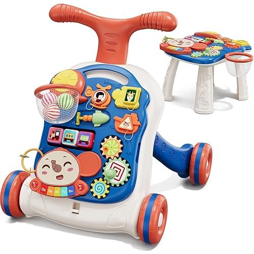 QDRAGON 3 in 1 Baby Walkers for Boys, Baby Push Walker and Activity Center, Sit to Stand Walker Toy, Early Learning Push Toys for Toddler Infant 12+ Months Blue
