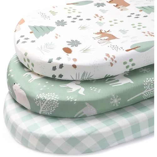 Baby Bassinet Sheets Boy Girl, 3 Pack Fitted Bassinet Mattress Sheets, 32”x16” Universal Fit for Cradle Moses Basket Oval Rectangle Round Hourglass Mattress, Super Soft Green Forest Bear