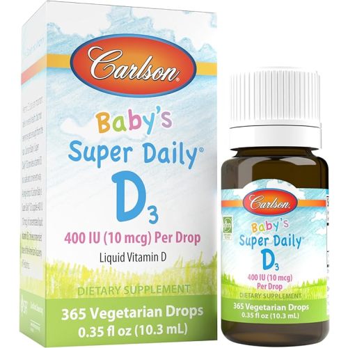 Carlson - Baby's Super Daily D3, Baby Vitamin D Drops, 400 IU (10 mcg) per Drop, 1-Year Supply, Vegetarian, Liquid Vitamin D Drops for Infants and Toddlers, Unflavored, 365 Drops
