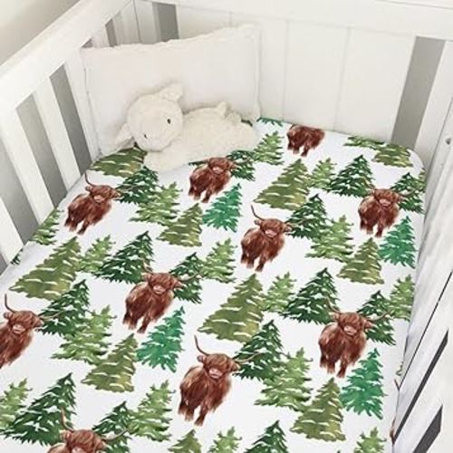 Highland Cows Christmas Pine Trees Baby Crib Sheet 52''x28'' Fitted Crib Mattress Sheet for Boy Girl Soft Nursery Baby Bed Toddler Bed Sheets Cover for Standard Crib and Toddler Mattress