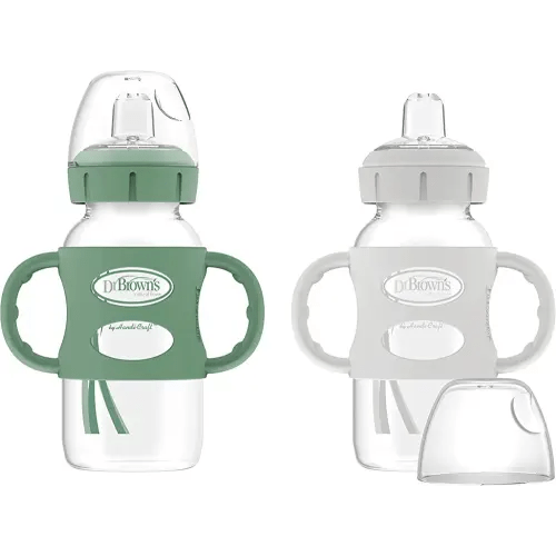 Dr. Brown's Milestones Wide-Neck Sippy Spout Bottle with 100% Silicone Handles, Easy-Grip Handles with Soft Sippy Spout, 9oz/270mL, Green & Gray, 2-Pack, 6m+