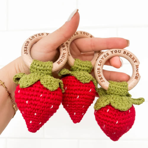 Jesus Loves You Berry Much Strawberry Knitted Teether Rattle