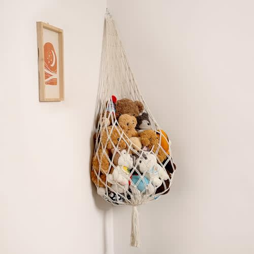 Amdermi Stuffed Animal Storage Organizers Corner Hanging Net Stuffy Animal Hammock Macrame Toy Display Plush Toy Holder Wall, Kid Bedroom Decor Boho Nursery Playroom Organizer (Cream)