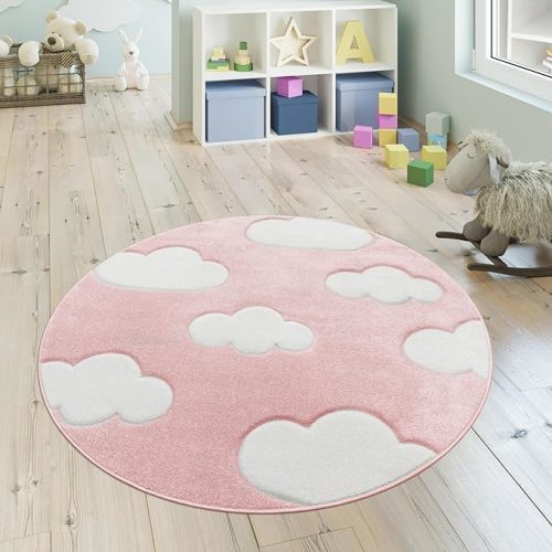Modern Kids Rug with Clouds in Pink Pastel for Nursery, Size: 3'11" Round