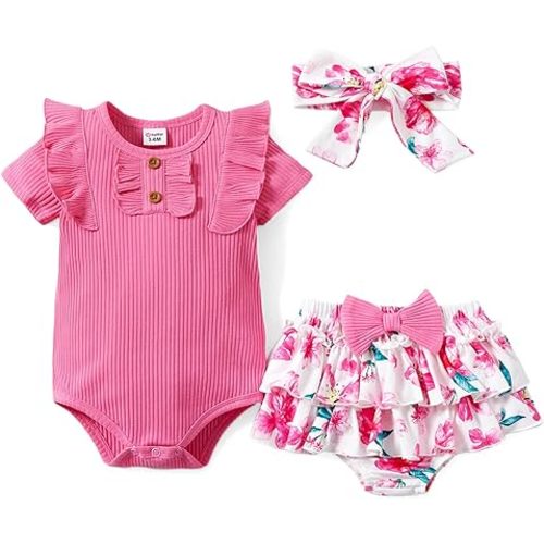 PATPAT Baby Girls Clothes Infant 2 Piece Outfit Summer Cotton Ruffle Sleeve Romper and Floral Shorts Set