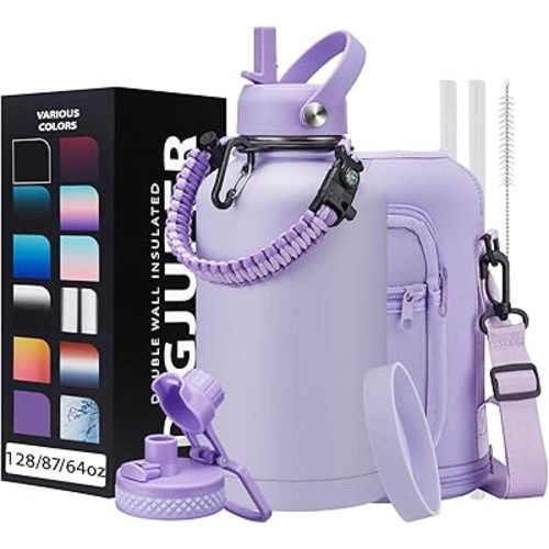 Half Gallon Water Bottle Insulated - 64 oz Water Bottle with Carrying Sleeve, Paracord Handle, Straw Spout Lid, Leak-proof Metal Hydro Jug for Workout Sport Hiking Gym, Purple Big Flask Thermo