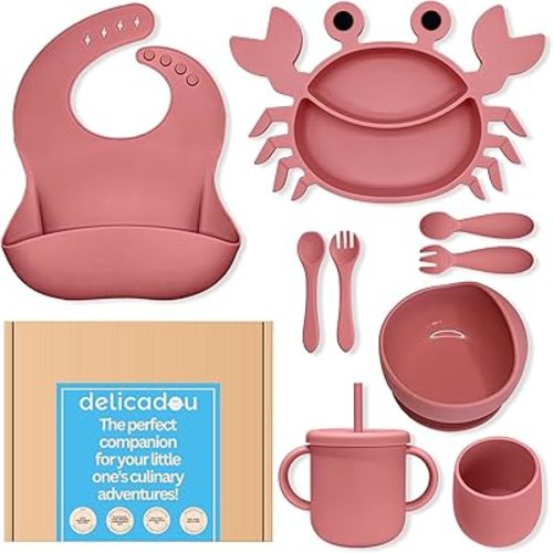 Baby Led Weaning Supplies - Silicone Baby Feeding Set - Ultra Complete Silicone Suction Plate Set. 9 Pieces Toddler Baby Dish Set - First Stage Solid Food Eating Baby Utensils - 6+ Months - Crab Shape