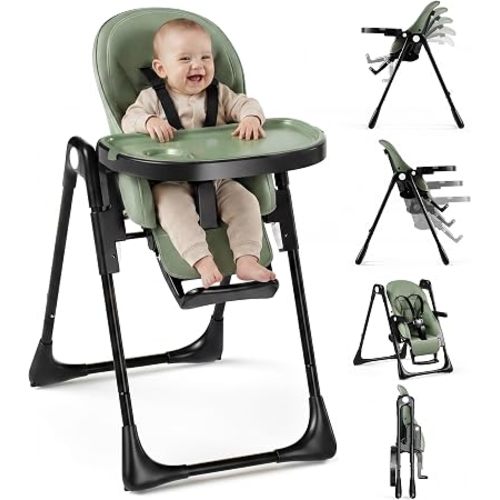 Baby High Chair, Convertible Folding Highchair with Dishwasher-Safe Tray, 6 Adjustable Heights & Backrest, 5-Point Harness, Portable Dining High Chairs for Babies and Toddlers (Sage Green)