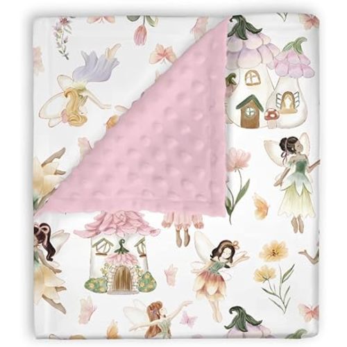Mink Baby Girls Blankets Fairy Tale Garden, Watercolor Pink Magical Fairy Soft Double Layer Dotted Backing Receiving Swaddle, Newborn Infant Toddler Nursery Crib Bedding Shower Gift 30" x 40"