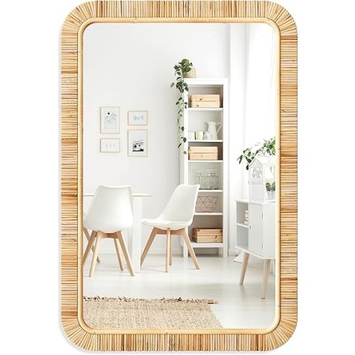 Barnyard Designs Rattan Bathroom Mirror – Rustic Farmhouse Style Handmade Wicker Rattan Frame - Boho Mirror for Nursery Wall Décor (20" x 30", Rectangular)