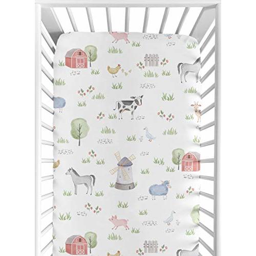 Sweet Jojo Designs Farm Animals Boy or Girl Fitted Crib Sheet Baby or Toddler Bed Nursery - Watercolor Farmhouse Horse Cow Sheep Pig