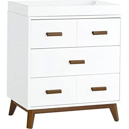 Babyletto Scoot 3-Drawer Changer Dresser with Removable Changing Tray in White and Natural Walnut, Greenguard Gold Certifie