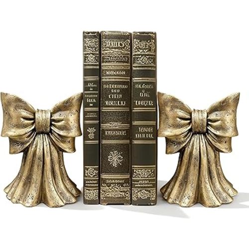 Vintage Gold Bow Bookends Set of 2 – 4.7 lbs Heavy Duty Resin Book Ends for Large & Heavy Books, Decorative Gold Bookends for Shelves, Desk & Home Office, Classic Vintage Decor Book Stoppers
