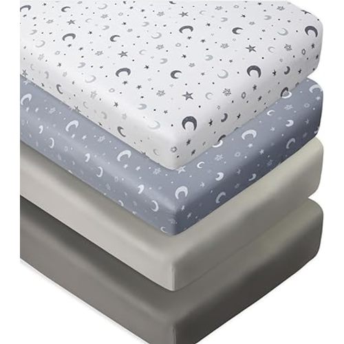 4 Pack Crib Sheets Star and Moon Neutral Unisex Baby Mattress Cover Fitted Crib Sheets Set for Baby Boys or Girls Moon